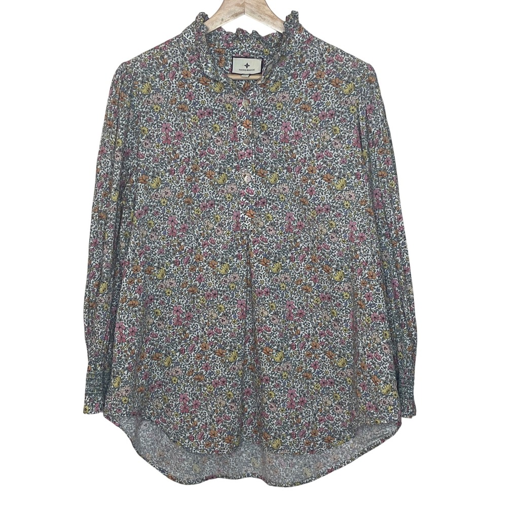 Tuckernuck XL Floral Ruffle Neck Smocked Cuff Blouse Pink Yellow Orange Cotton